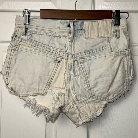 Free People Hi Waisted Light Washed Patchwork Cutoff Denim Retro Shorts size 24 - Picture 5 of 9